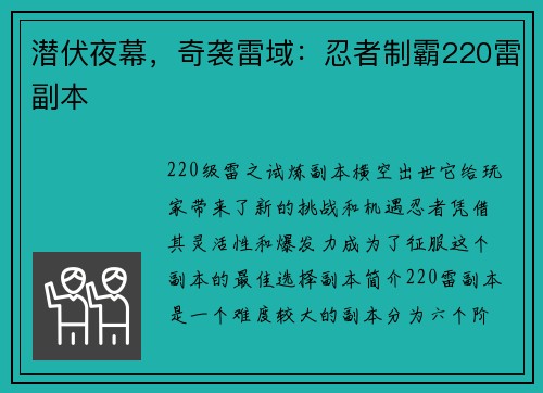 潜伏夜幕，奇袭雷域：忍者制霸220雷副本